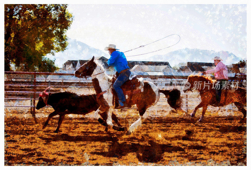 Team roping rodeo digital illustration USA